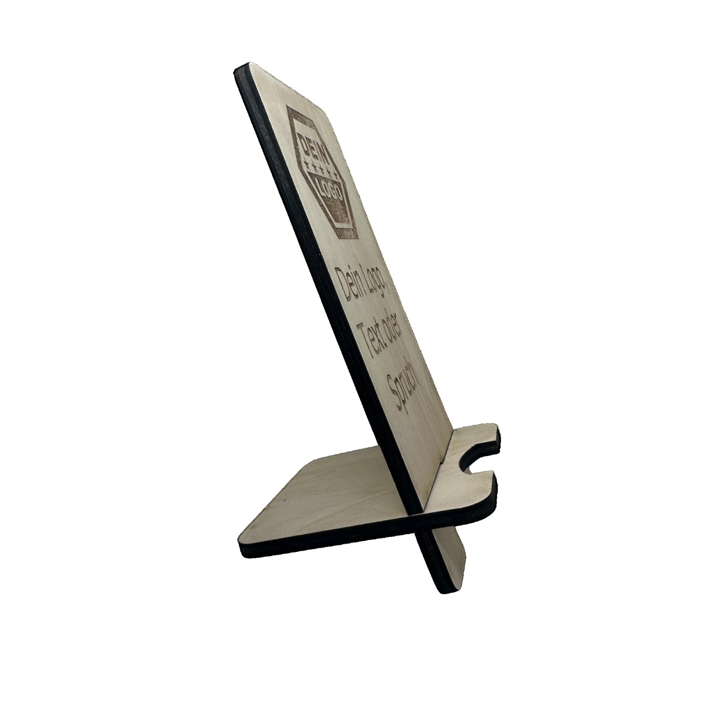 Handyständer aus Holz personalisiert – Handyhalter Fichte mit Logo Gravur nachhaltig