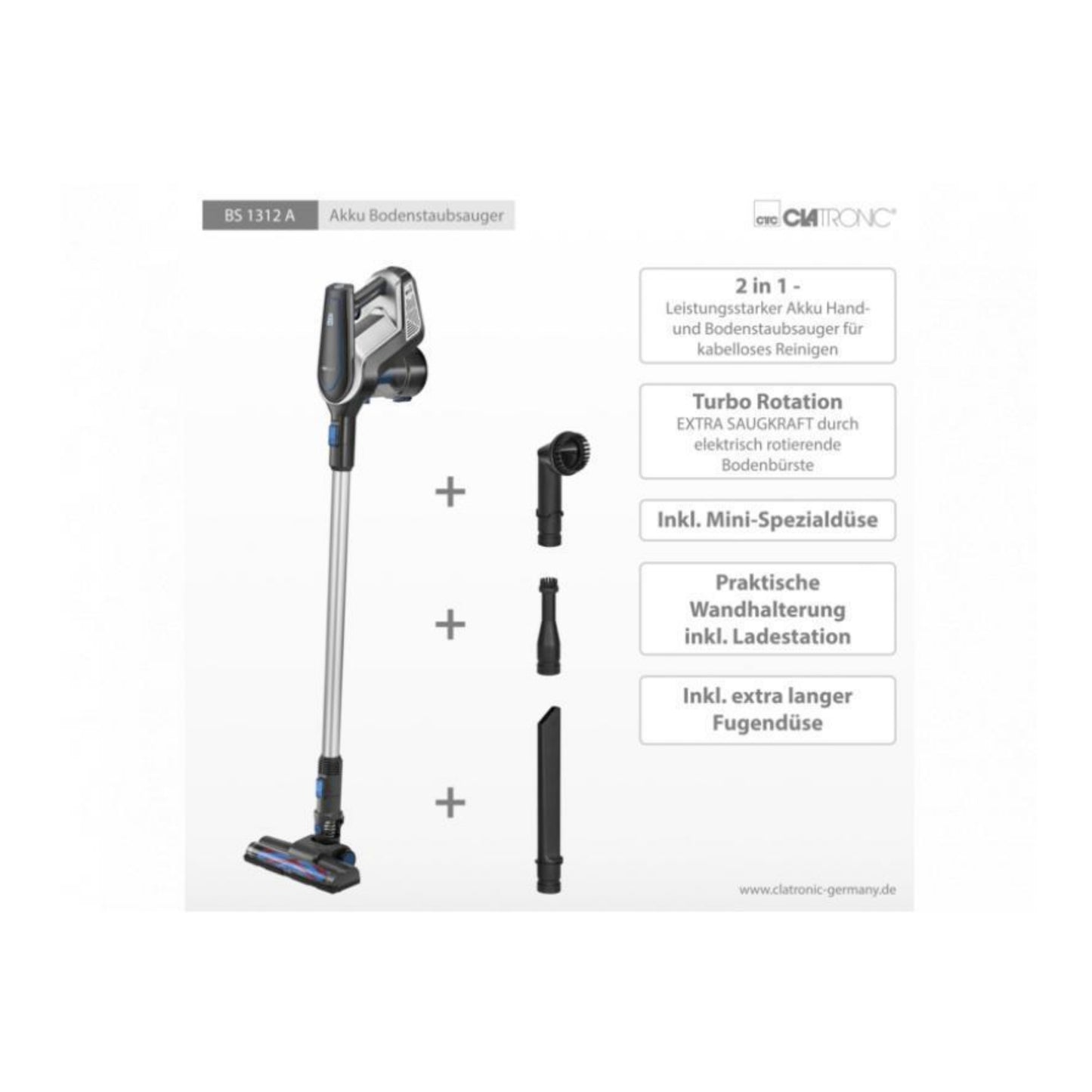 Clatronic Akku Hand- & Bodenstaubsauger BS 1312 A Blau/Grau