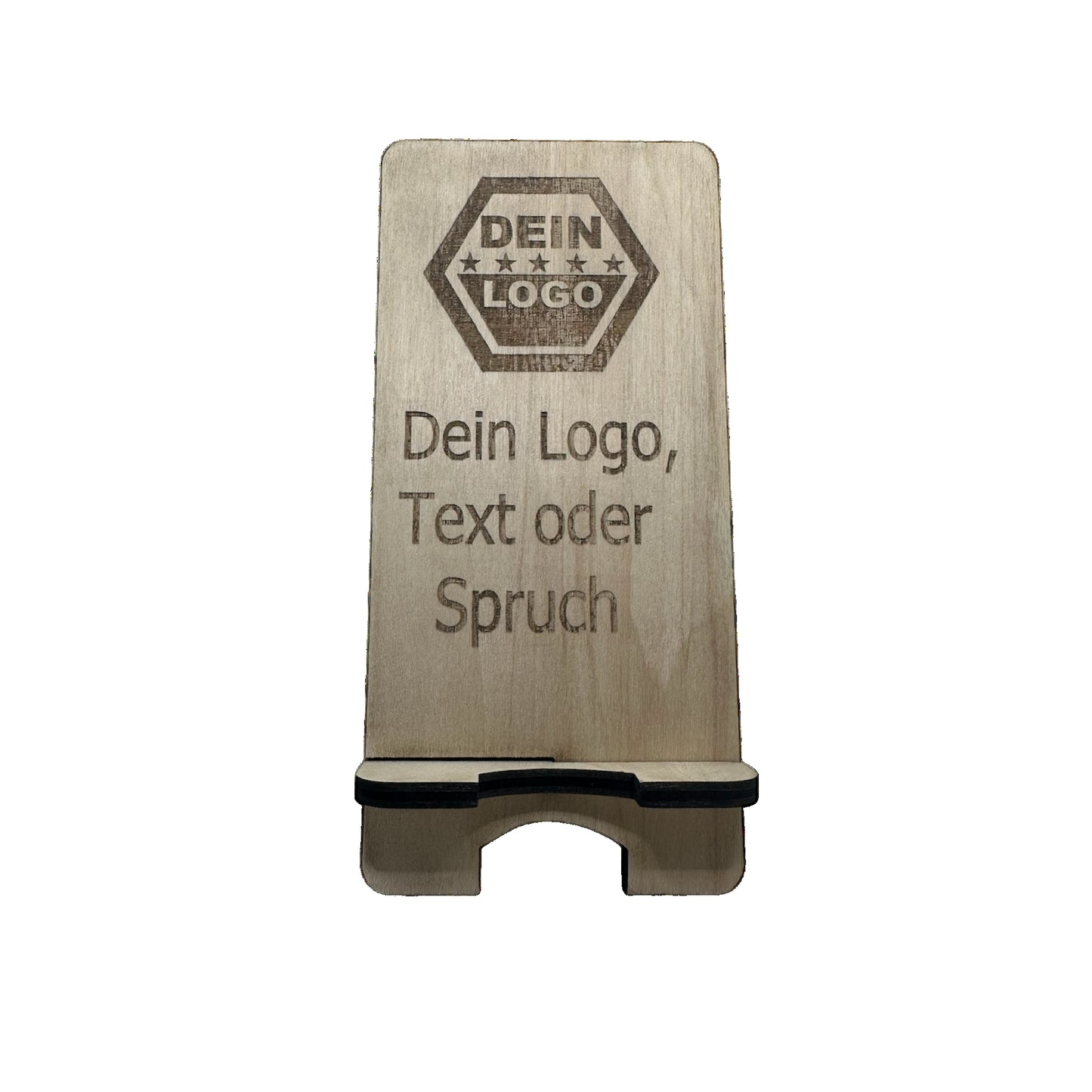 Handyständer aus Holz personalisiert – Handyhalter Fichte mit Logo Gravur nachhaltig
