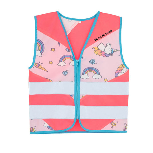 Kinder-Warnweste mit Namen Aufdruck Wunschnamen - Funktionsweste - UNICORN Pink
